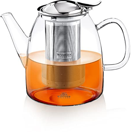 Wilmax Tetera de cristal con filtro de 950 ml, jarra con tapa de acero inoxidable, jarra de cristal para flores de té, tetera para té suelto, apta para lavavajillas, resistente al calor
