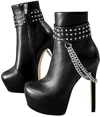 blingqueen Damen Plateau Stiefeletten Stiletto Ankle Boots mit Ketten Nieten Schwarz 43 EU