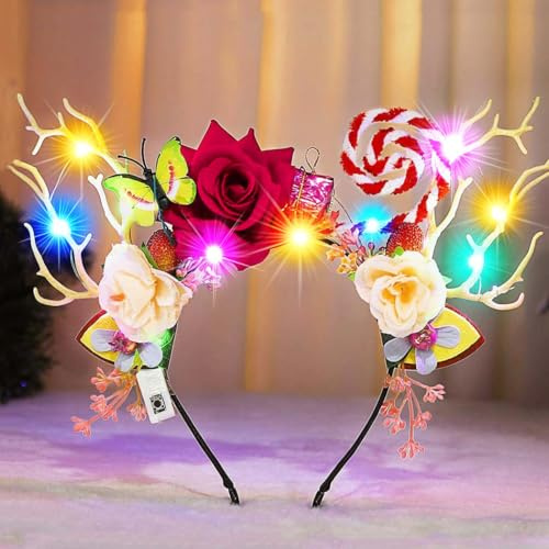 Vakkery LED Weihnachts Haarreif Leuchtende Rentier Geweih Stirnband Blumen Haarband Festival Party Kopfschmuck Erwachsene Weihnachten Haarschmuck für Frauen und Mädchen