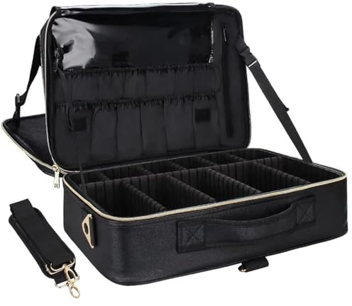 Relavel Makeup Case Large Makeup Bag Professional Train Case 16.5 inches Travel Cosmetic Organizer Brush Holder Waterproof Makeup Artist Storage Box, Large Capacity (Leather Black)