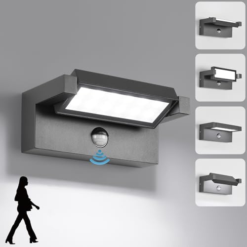 LED Wandleuchte Aussen Innen mit Bewegungsmelder,22W Außenlampe Wand,IP65 Wasserdichte Außenwandleuchte 6500K Kaltweiß Wandlampe,Aussenleuchte mit 350° Schwenkbar Panel für Garten Terrasse Dunkelgrau