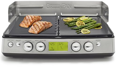 GreenPan Elite XL Smoke-less Grill and Griddle, Healthy Ceramic Nonstick Interchangeable/Removeable Cast Aluminum Plates, Indoor BBQ Sear Sizzle, LCD Display, Splash Guard, Drip Tray, PFAS-Free, Black