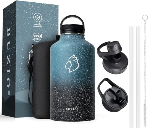 BUZIO Insulated Water Bottle 2L with 3 Lids, Keep Cold 48 Hrs | Stainless Steel Half Gallon Canteen Metal Thermo Mug Hydro Jug, Double Vacuum Hot Cold Water Bottles Carrying Pouch