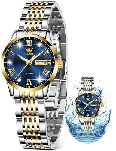 OLEVS Womens Watch Small Wrist Gold and Blue Stainless Steel Fashion Dress Diamond Waterproof Female Watches for Ladies with Day Date Analog Quartz Two Tone Women Wrist Watch