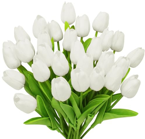 28pcs White Flowers Artificial Tulip Stems Real Feel PU Tulips for Easter Spring Wreath Wedding Bouquet Centerpiece Floral Arrangement Cemetery Table Décor 13 Tall