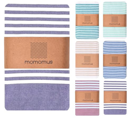 MOMOMUS Fouta de Plage XXL ou Tapis de Plage Anti Sable Élégant - Spacieux, à Franges, à Rayures - Couverture pour Pique Nique sans Sable ou Drap de Plage XXL- Violet, 210x240 cm