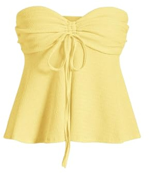 Milumia Women Tie Front Ruched Tube Top Y2k Summer Strapless Peplum Tops Babydoll Flowy Tops Yellow X-Small