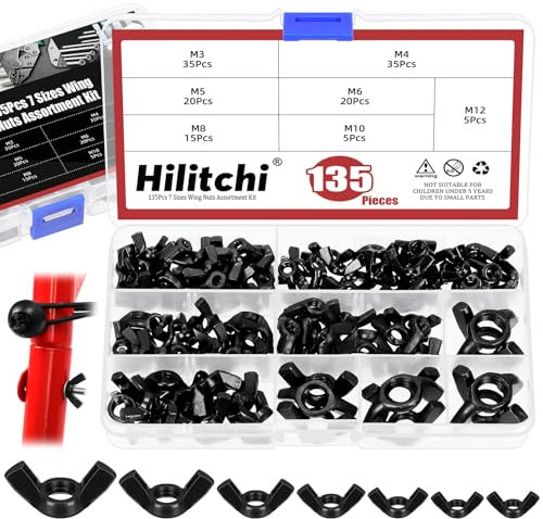 Hilitchi 135Pcs Metric Wing Nuts Assortment Kit, M3 M4 M5 M6 M8 M10 M12 Wing Bolt Fasteners for Machinery Equipment