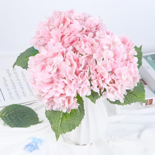 Hydrangea Artificial Flowers, 3pcs Real Touch Lifelike Hydrangeas, 21 Large Latex Faux Hydrangea for Home Decor Wedding Bouquets Floral Arrangements Table Centerpiece, Pink
