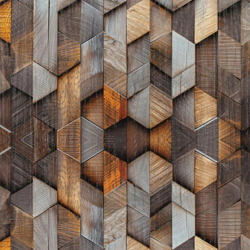 LZH-LP Papier Peint Autocollant, 44x300CM Multicolore Bois Patchwork Ombres Lumineuses 3D Papier Contact Décoller Coller Vinyle Film Décoratif Amovible pour Armoires Murales
