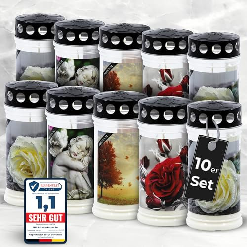 Lot de 10 bougies funéraires EMILAS - 4 jours de combustion - Bougies de condoléances pour une décoration funéraire élégante - Décoration funéraire avec 4 motifs - Lanternes funéraires avec couvercle
