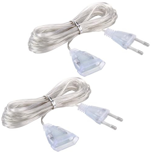 Set mit 2 transparenten Verlängerungskabeln, 5 m, dünnes und flexibles Kabel mit 2 Drähten, ideal für Geräte mit geringem Energieverbrauch, mit Stecker, Material PVC und reines Kupfer