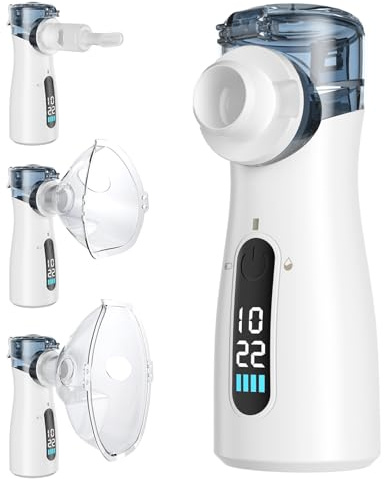 Nébuliseur Rechargeable pour Adultes et Enfants, Inhalateur Portable avec Embout et Masque, Silencieux, Autonettoyant, Écran numérique LED, Minuterie 20 min, pour Voyage et Domicile