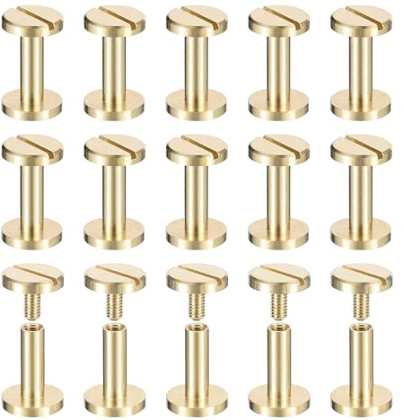 sourcing map 25Pack Brass Chicago Screws, 12x10mm Flat Head Screw Back Binding Post Nail Stud Rivets for DIY Leather Craft Belt Strap, Gold
