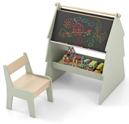 COSTWAY Staffelei Kinder mit Stuhl in Baumform, 2 in 1 Standtafel doppelseitig mit Kreidetafel & Whiteboard, Kindertafel mit Ablage & Papierrollenhalter, Kinderstaffelei für Kinder ab 3 Jahren, Grün