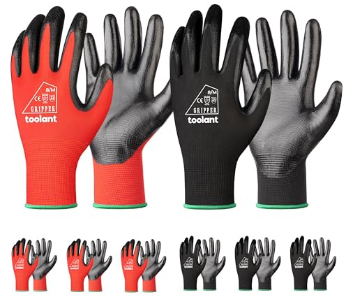 toolant Nitrile Coating Work Gloves for Men, Superior Oil Resistance, 6 Pairs Bulk Safety Work Gloves with Grip, Touch Screen, for Automobile Repair, Gardening, Warehouse (Red & Black, M)