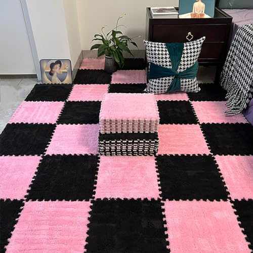 12-teiliges Puzzle, ineinander greifende Teppichfliesen für das Wohnzimmer, Plüschschaum-Bodenmatte, Puzzle-Bodenmatten-Teppiche, Spielmatte, 30,5 x 30,5 cm (Größe: 0,39 Zoll, Farbe: Pink + Schwarz)