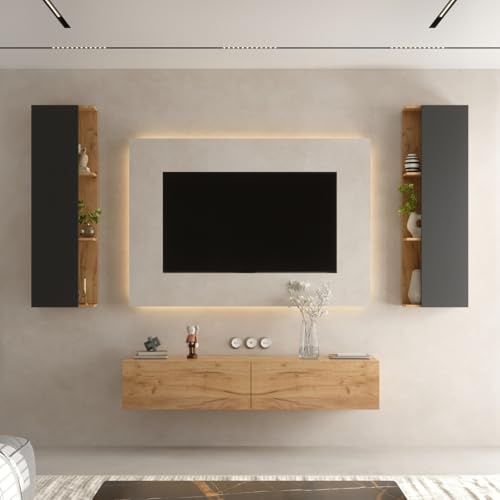Planetmöbel TV-Schrank, Fernsehtisch 160 cm lang | 2x TV-Schrank 40 x 130 x 17 cm hängend, Fernsehschrank für Wohnzimmer, 1x TV Lowboard 160 x 30 x 37,8 cm, Gold Eiche