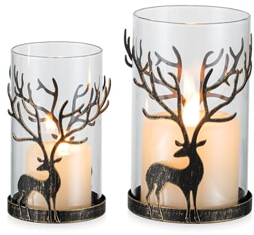 Romadedi Reindeer Pillar Candle Holder: Set of 2 Large Black Antler Tea Light Holders with Tall Glass Hurricane Table Centrepiece Winter Windowsill Decoration Xmas Fireplace