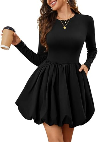 Meetjen Women's 2026 Long Sleeve Short Dresses with Pockets Round Neck Babydoll High Waist Bubble A Line Casual Mini Dress Corset Homecoming Black L