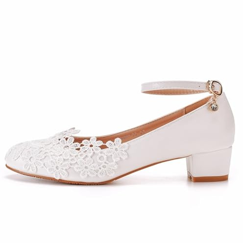 Chaussures Femme Mariage Escarpins Blancs en Dentelle for Femmes, Plateforme, Talons Hauts De 3 Cm, Bride À La Cheville, Chaussures De Bureau, De Soirée, De Danse Et De Mariage(39)
