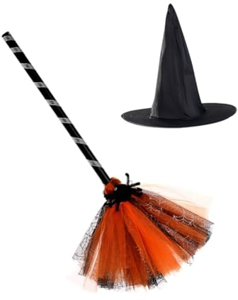 SOPOTUTU Sombrero y Escoba de Bruja Morada para Cosplay Halloween Accesorios y Reutilizables para Fiestas y Sesiones de Fotos Temáticas