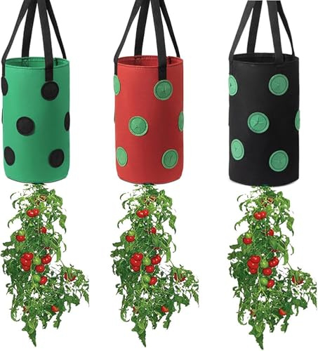 Mayhug Paquete de 3 bolsas colgantes para plantas, macetas verticales multicolor con 12 agujeros y asas, tela Oxford transpirable, bolsas de cultivo de tomates y fresas para jardín, balcón, plantas en