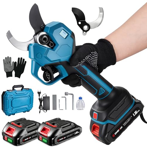 ONEVAN Sécateur Électrique sans Fil 40mm, Cisaille de Jardin, Brushless Taille haie avec 2×1,5Ah Batteries, Lames SK5 & Écran LCD, Outil de Jardinage pour Coupe de Branches, Élagage des Arbres