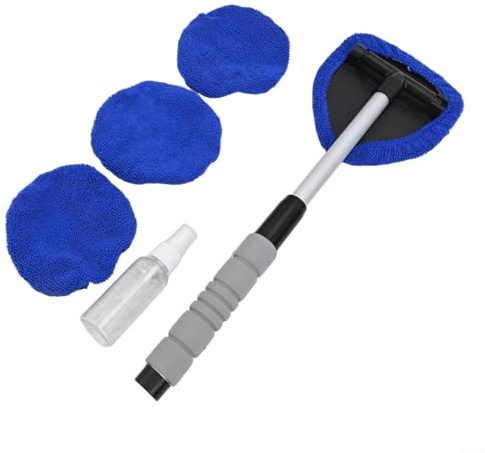 Pulitore per vetri auto con manico retrattile e testa girevole a 180°, include 3 panni in microfibra e flacone spray per la pulizia interna ed esterna del vetro (blu)