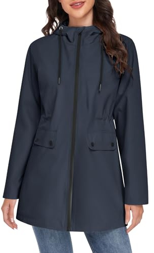 Yuson Girl Abrigo Entretiempo Mujer Largo Elegante Chaqueta Primavera Ligero Abrigo Cortavientos Parka con Capucha y Cordón Casual Cazadora para Primavera, Verano y Otoño(Azul marino, XXL)