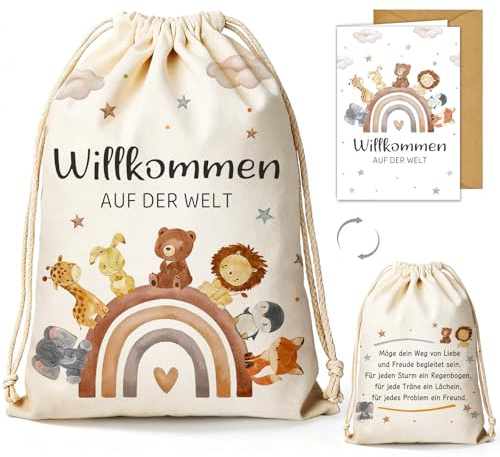 XL Geburt Geschenktüten aus Canvas, Geschenk zur Geburt Junge Mädchen | Schwangere Werdende, Regenbogen-Tiere Geschenktasche mit Glückwunschkarte - Willkommen AUF DER