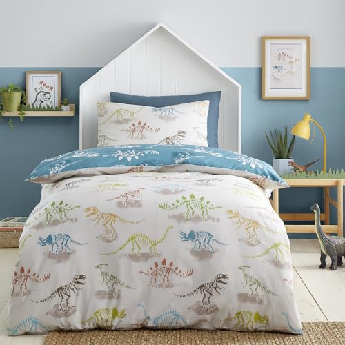 Bedlam Skeleton Dino Duvet Cover Set Single 135 x 200cm – Easy Care Bedding with Fun Dinosaur Skeleton Print, Includes 1 Pillowcase
