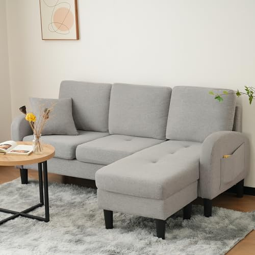 Merax Ecksofa 3-Sitzer Sofa mit Chaiselongue und Kunststoffbeine, Eckcouch in L-Form aus Baumwoll-Leinenstoff, Kleine Couch für Wohnzimmer/Wohnung, 166 x 118 x 77 cm, Grau