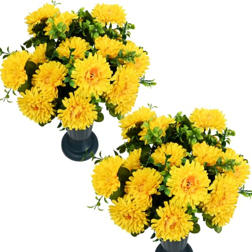 8pcs Artificial Flowers for Graves, Fake Grave Flowers Outdoor, Yellow | Faux Chrysanthemums, Silk flowers, Grave Ornaments, Funeral, Graveside, artificial plants outdoor, 40 Blooms, No Pots