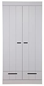 WOOOD Connect Kleiderschrank 2 Türig, Garderobenschrank aus Kiefer und Melamin mit Schublade Drehtürenschrank Connect-Schrankwand - Betongrau - 195x94x53 cm