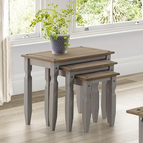 Corona Nest of Tables Grey Painted Wax Piccolo Solid Wood Pine Wooden Side End Coffee Lamp Mexican Style Shabby Chic Rustic Living Room Lounge 51cm High 53cm Wide 35cm Deep = Largest Table