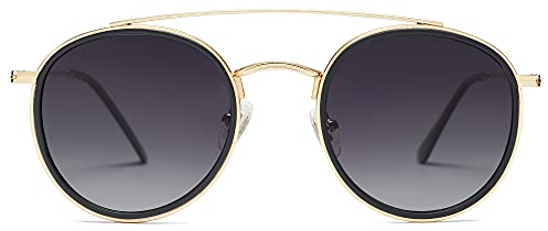 SOJOS Retro Vintage Round Polarized Sunglasses for Women Men Small Double Bridge Circle Sunnies SJ1104, Gold/Grey