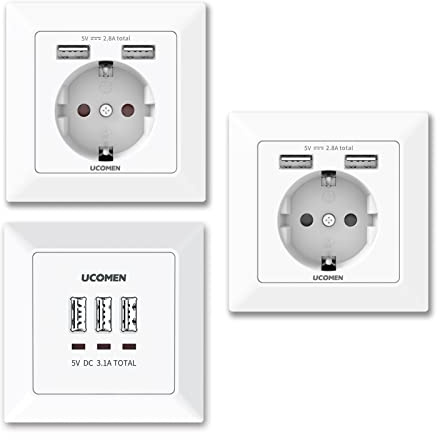 UCOMEN 2.8A Wand Steckdosen mit 2 USB Anschlüssen, 3.1A USB Socket Flush Mounted with 3 Ports, Electrical Socket, Laden aller mobilen Geräte Passent in standard Unterputzdose，weiß (3 Pack)