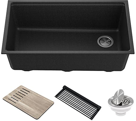 KRAUS Bellucci 32” in. Undermount Workstation Granite Kitchen Sink in Metallic Black with Accessories, KGUW2-33MBL
