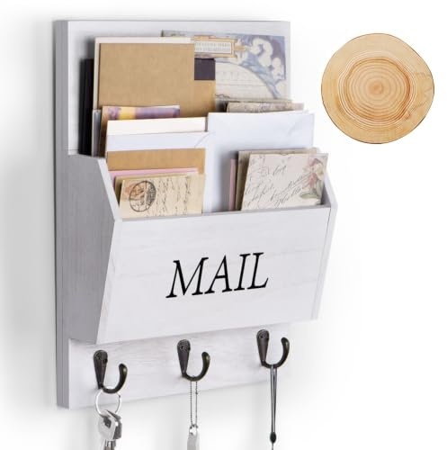 DLQuarts Brief-Organizer aus Massivholz mit Schlüsselhalter für Wand, Briefsortierer, Wandmontage, dekorativer Holzschlüssel und Posthalter mit 3 Haken, Weiß