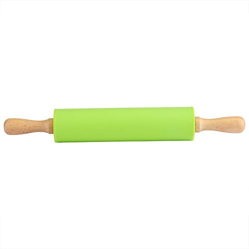 Teigroller mit Metallachse, Silikon Nudelholz als Backzubehör, Backrolle mit nicht klebend Silikon Teigroller Holzgriff aus Buchenholz 30 cm