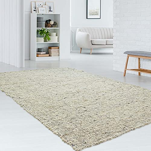 Taracarpet gewalkter exklusiver Hand-Web-Teppich handgewebter Teppich aus Wolle mit SCHWARZER Kette 130x190 cm Grau-Beige