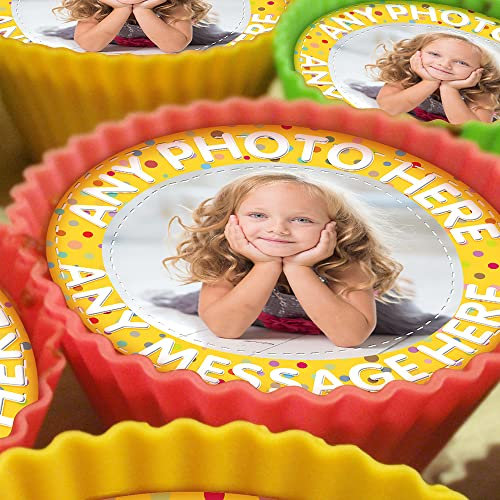 Your Very Own Photo Image Spotty - Yellow - 20 x 5cm Personalised Edible Cupcake Toppers on Premium Icing