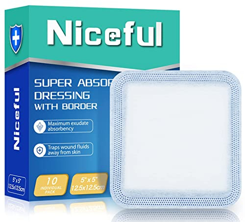 Niceful Super Absorbent Wound Dressing 5 x 5 (10 Pcs) – Non Stick Gauze Pads for Wound Care, Heavy Exudate Large Bandages for Pressure Ulcers, Bedsores, Diabetic Foot Ulcers