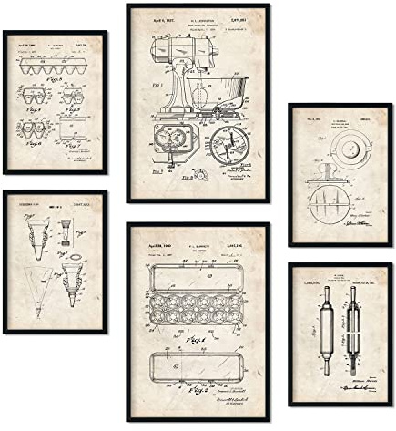 Nacnic Set di 6 poster di brevetti Utensili da cucina. Poster con illustrazioni di brevetti retrò per la tua casa. Decorazione interna in stile vintage. Dimensioni A4 e A3. Con cornice.