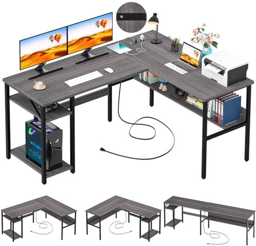 Unikito Reversible L Shaped Desk with Magic Power Outlets and USB Charging Ports, Sturdy Corner Computer Desk with Storage Shelves, Gaming Table Home Office Desk, Easy to Assemble, Enoch Walnut