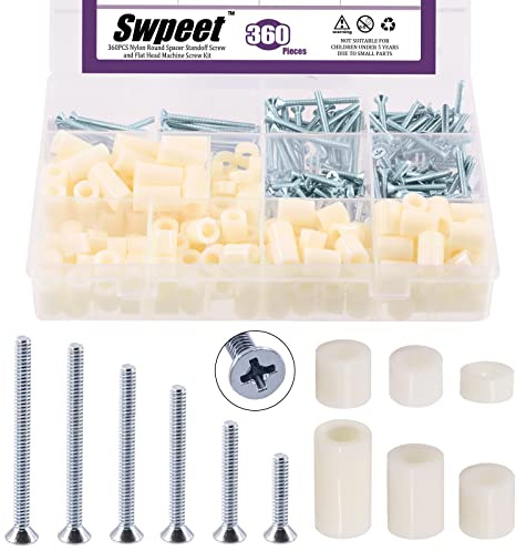 Swpeet Assortiment de 360 vis d'espacement rondes en nylon et vis cruciformes à tête plate #6-32 pour électricien, parfait pour le prototypage des vis
