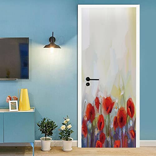 A.Monamour Türtapete Selbstklebend Türfolie Türposter 3D Ölgemälde Rote Mohnblumen Frühling Blumen Natur Hintergrund Vinyl Folie Türdeko Tapete Wandbild Türaufkleber Türtattoo 85 x 215 cm