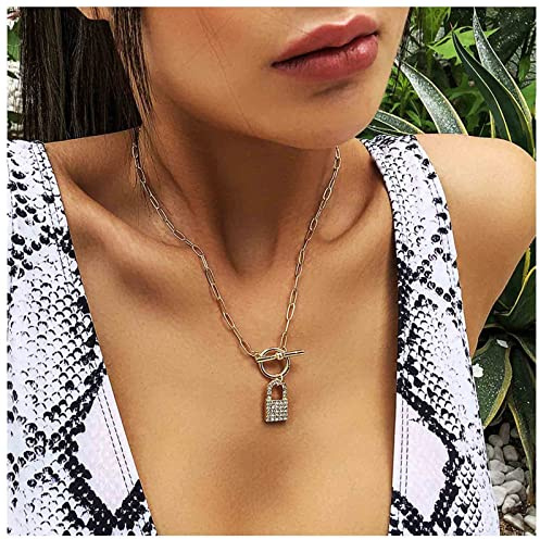 Yheakne Boho Rhinestone Lock Pendant Necklace Gold Paper Clip Chain Choker Necklace Cz Paved Padlock Necklace Circle T Bar Toggle Necklace Chain Jewelry for Women and Girls (Gold)