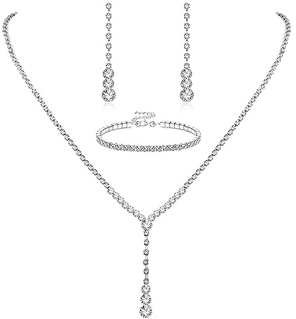 LOYALLOOK Crystal Silver Necklace and Earrings with Crystal Bracelet for Women Teardrop Dangle Earrings Rhinestone Necklace Bracelet for Bride Bridesmaid Bridal Wedding Party Jewelry Sets Style D